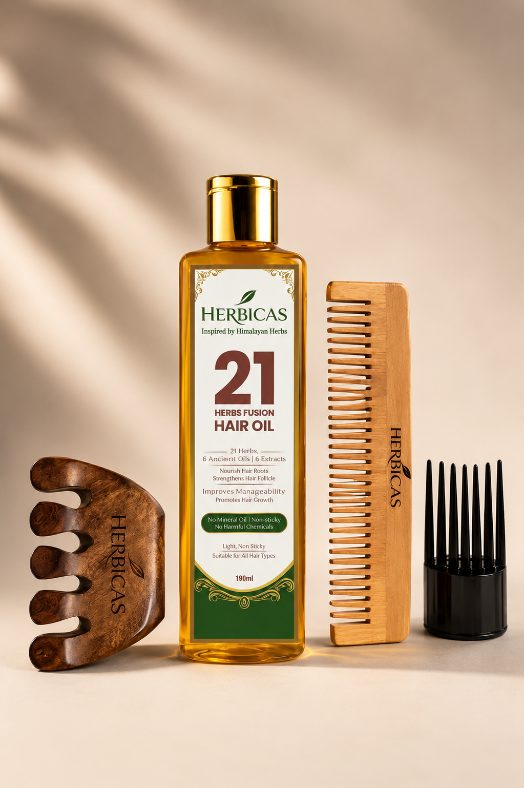 Herbicas Complete Hair Care Kit – Herbal Hair Oil with Wooden Comb & Scalp Massager for Hair Growth