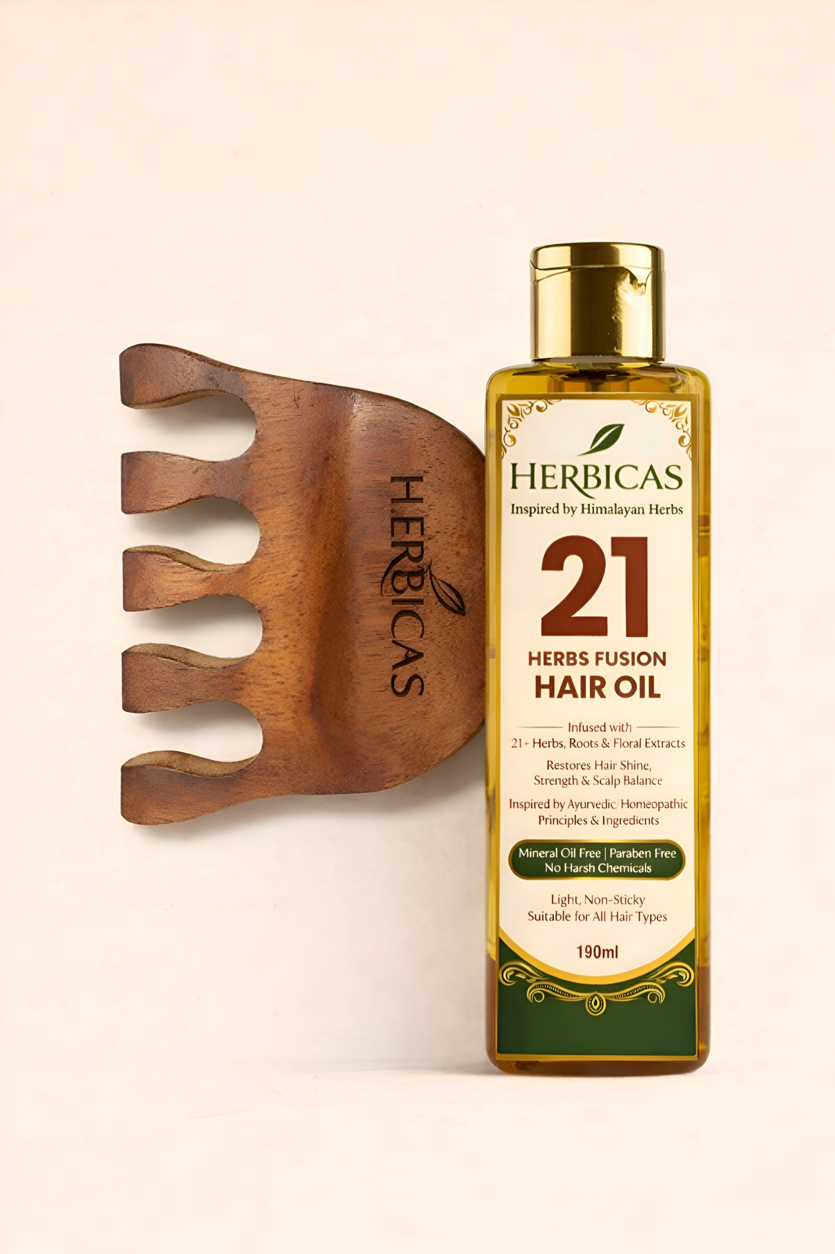 Herbicas 21 Herbs Hair Oil + Wooden Scalp Massager Combo – Anti Hair Fall & Deep Nourishment Pack