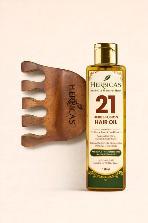 Herbicas 21 Herbs Hair Oil + Wooden Scalp Massager Combo – Anti Hair Fall & Deep Nourishment Pack