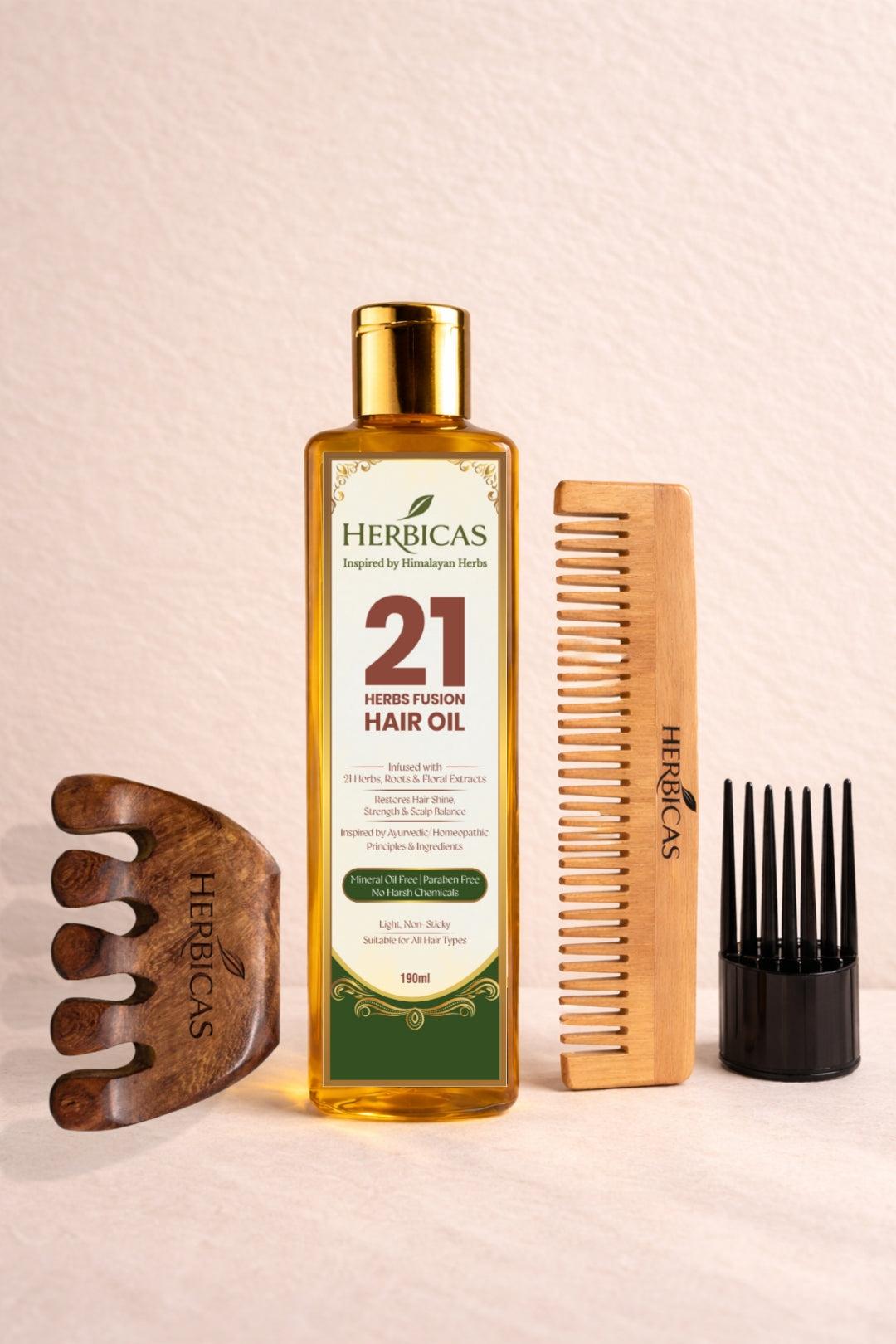 Herbicas Complete Hair Care Kit – Herbal Hair Oil with Wooden Comb & Scalp Massager for Hair Growth